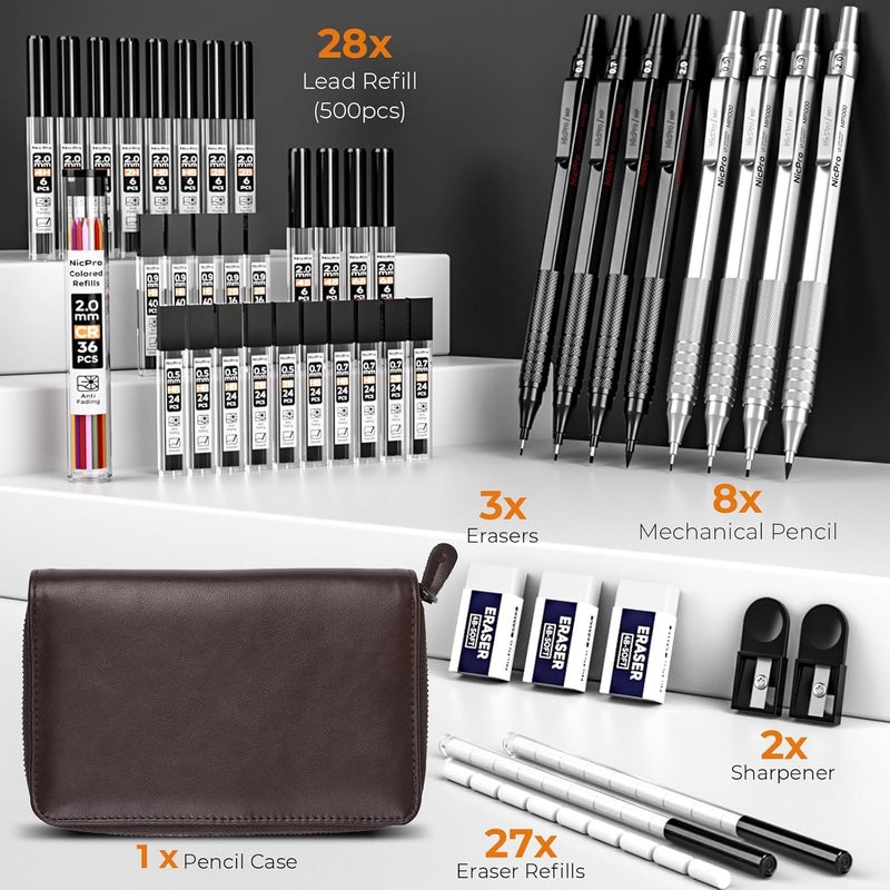 Nicpro 45PCS Black & Silver Metal Mechanical Pencil Set in Leather Case, Art Drafting Pencil 0.5, 0.7, 0.9 mm, 2mm Lead Holders for Sketching Drawing With 27 Tube (6B 4B 2B HB 2H 4H Colors)Lead Refill - Image 2